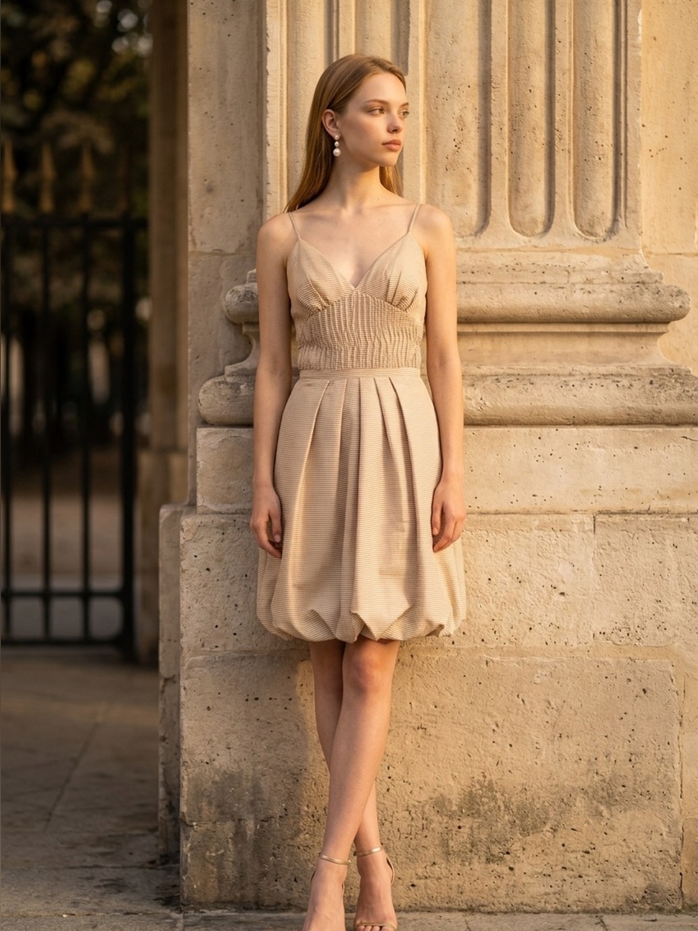 Max & Cleo 100% Silk Spaghetti Strap Beige  and Cream Dress